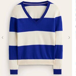 Boden Catriona Cotton V-Neck Sweater Surf the Web Stripe XS NWT